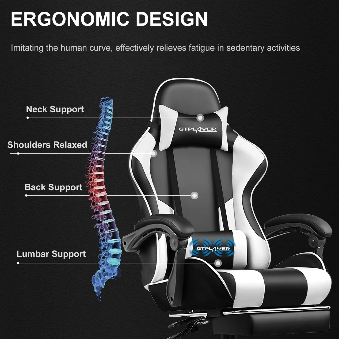 GTPLAYER Ergonomic Gaming Chair With Footrest And Lumbar Support