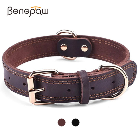 Benepaw Genuine Leather Dog Collar Heavy-Duty Double D-Ring