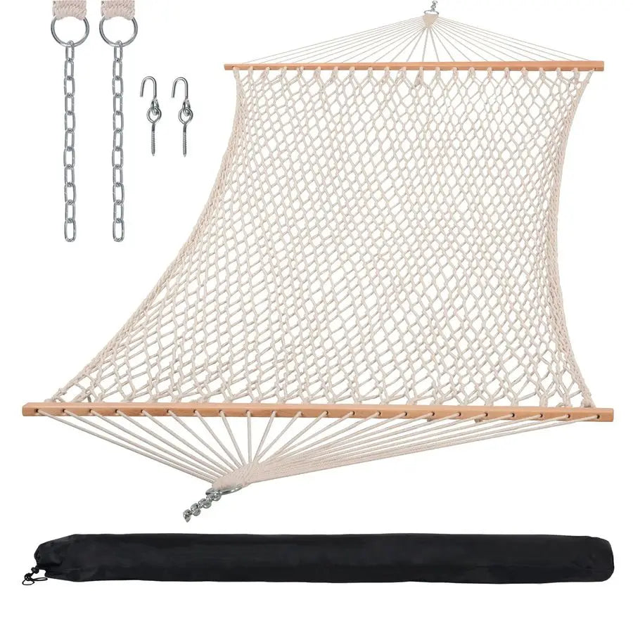 Traditional Rope Double Hammock With Hardwood Spreader Bar And Bag