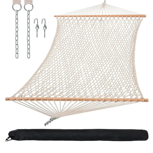 Traditional Rope Double Hammock With Hardwood Spreader Bar And Bag