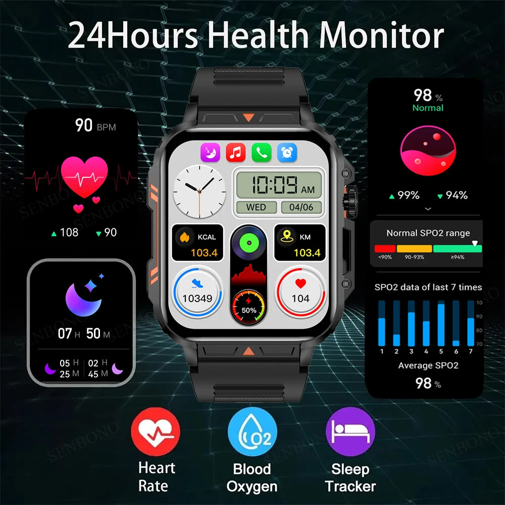 Senbono Military Smartwatch Bluetooth Call Heart Rate IP68 Waterproof