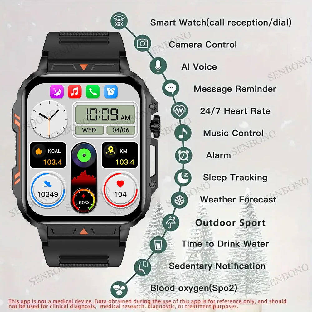 Senbono Military Smartwatch Bluetooth Call Heart Rate IP68 Waterproof
