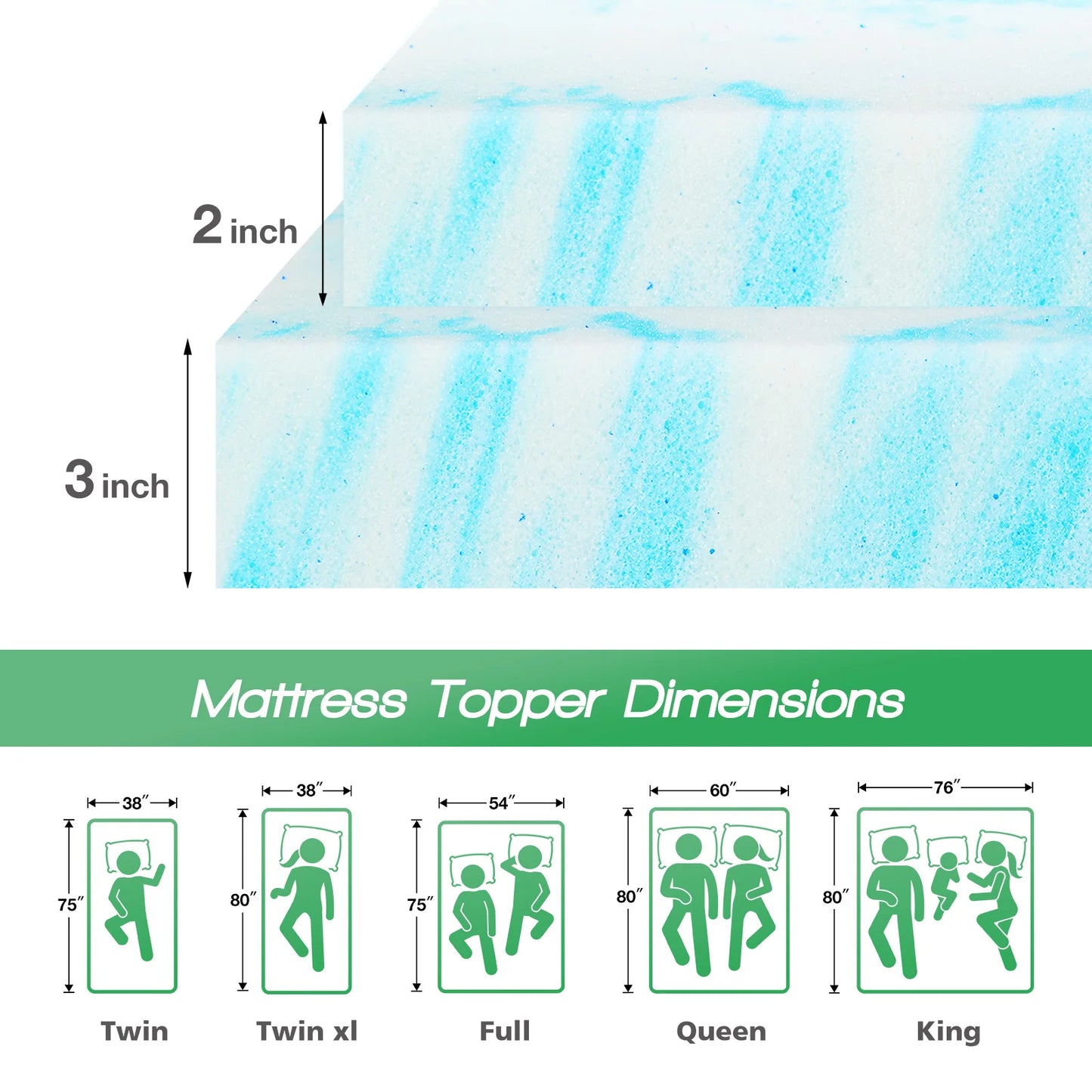 JHK Gel Memory Foam Mattress Topper For Cooling Comfort