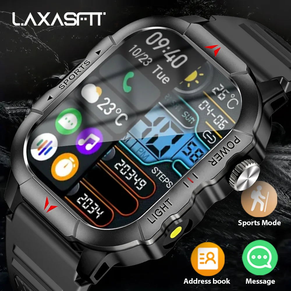 LAXASFIT Men Smart Watch IP68 Waterproof LED Flashlight Bluetooth