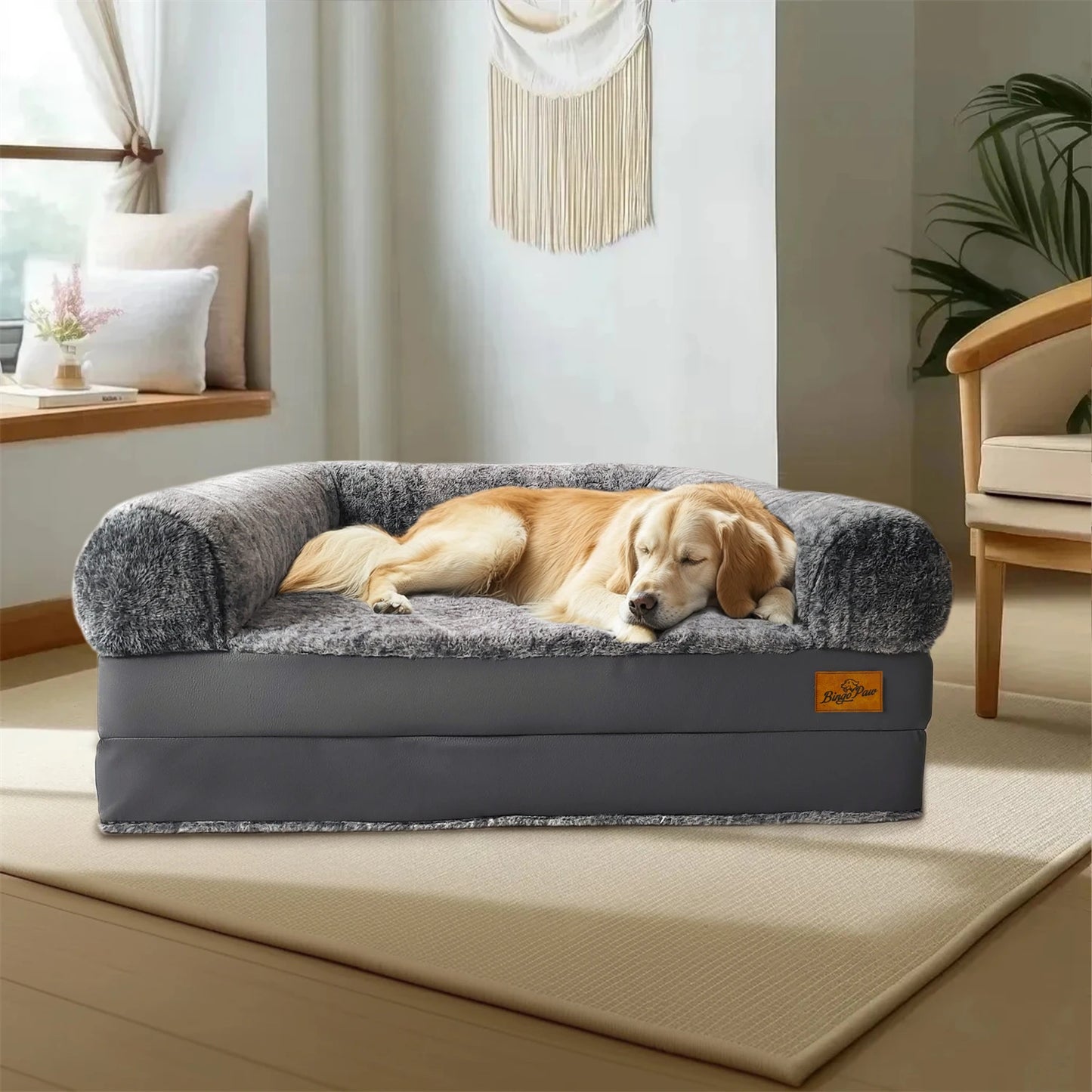 BINGOPAWCN Orthopedic Plush Dog Bed Calming Foldable Nap