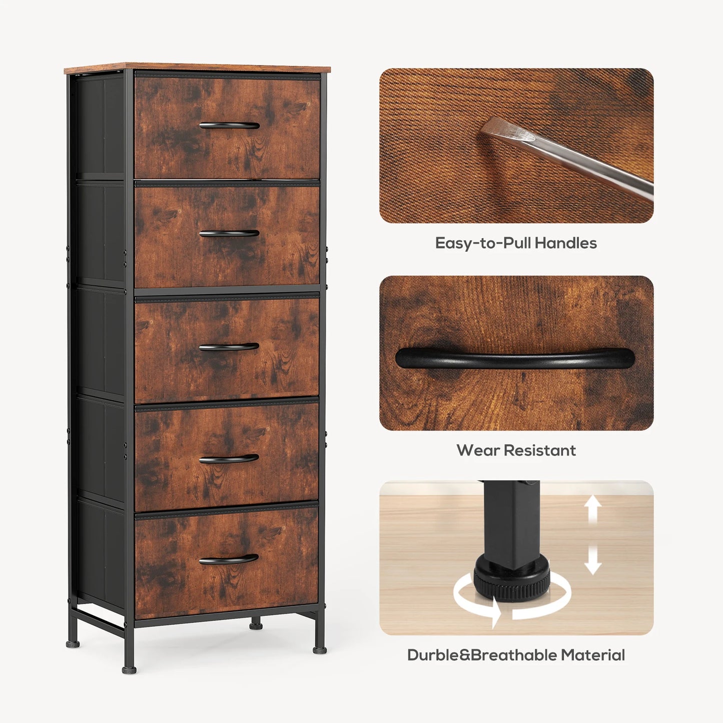 JHK 5 Drawer Dresser Wardrobe Steel Frame Bedroom Furniture