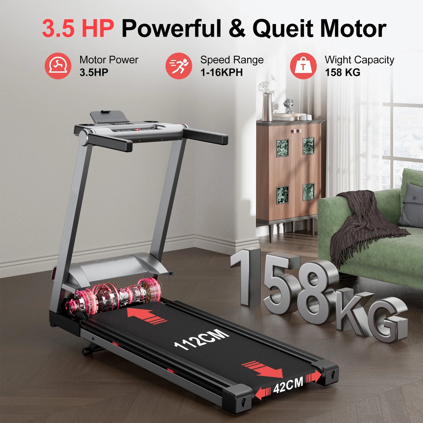 Superun 3.5HP Foldable Incline Treadmill With App Bluetooth