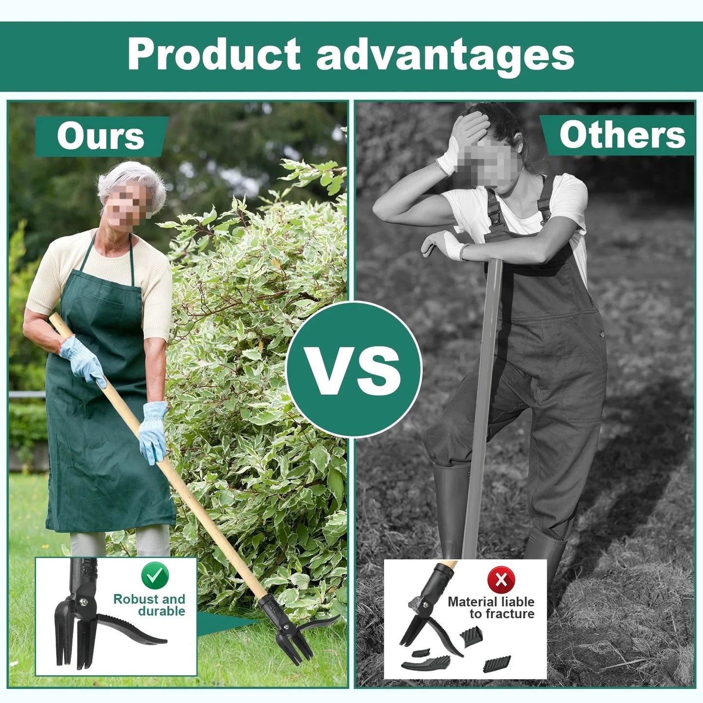 Stand Up Weed Puller With Long Wood Handle 4-Claw Head