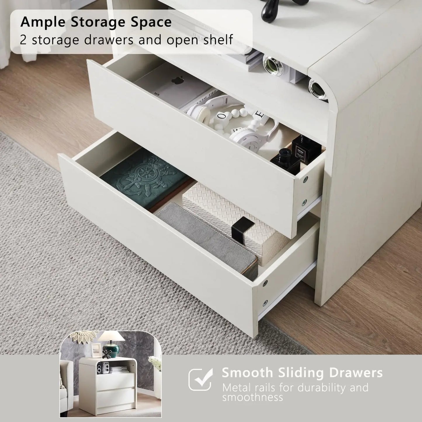 GYROOR Modern Nightstand With Charging Station And Two Drawers