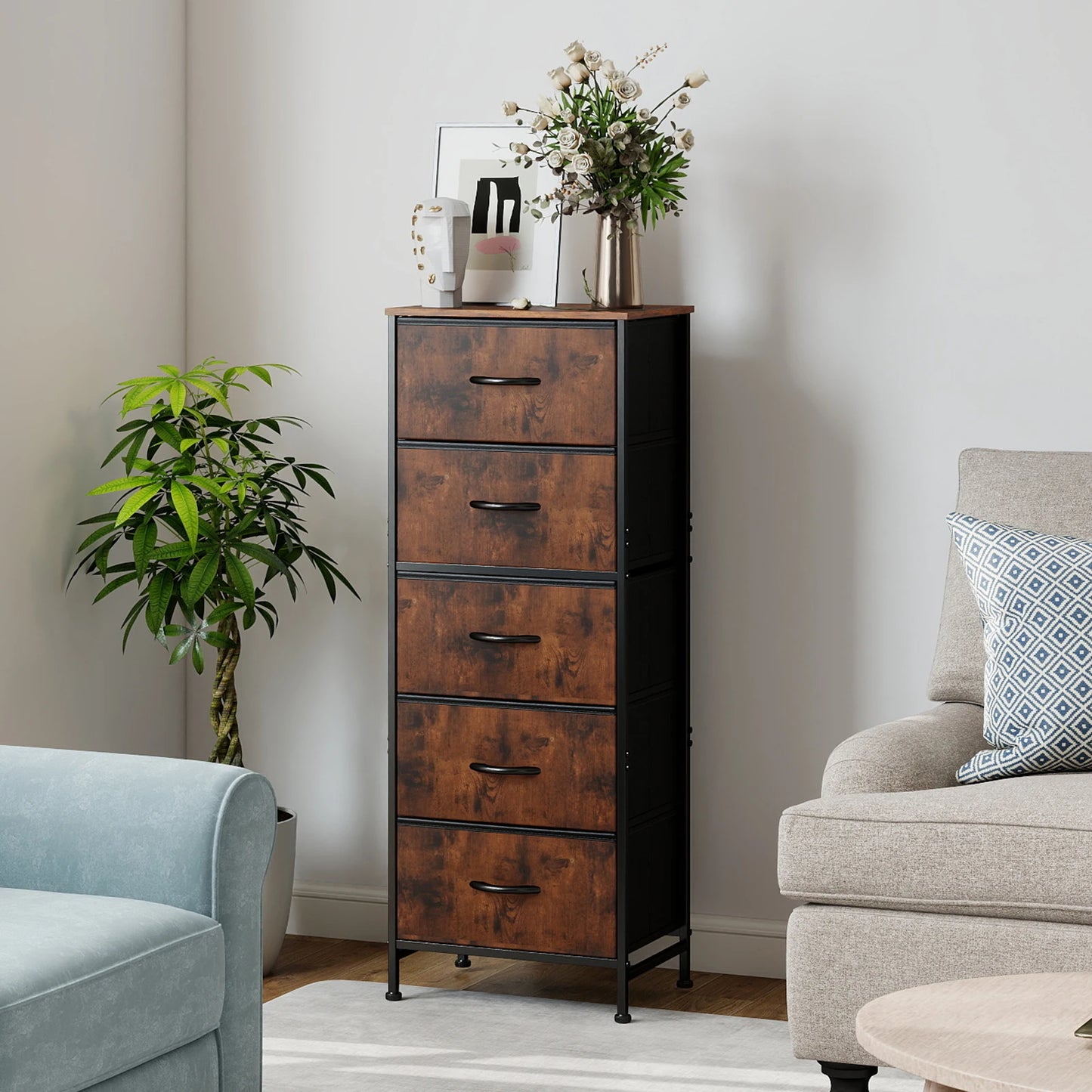 JHK 5 Drawer Dresser Wardrobe Steel Frame Bedroom Furniture