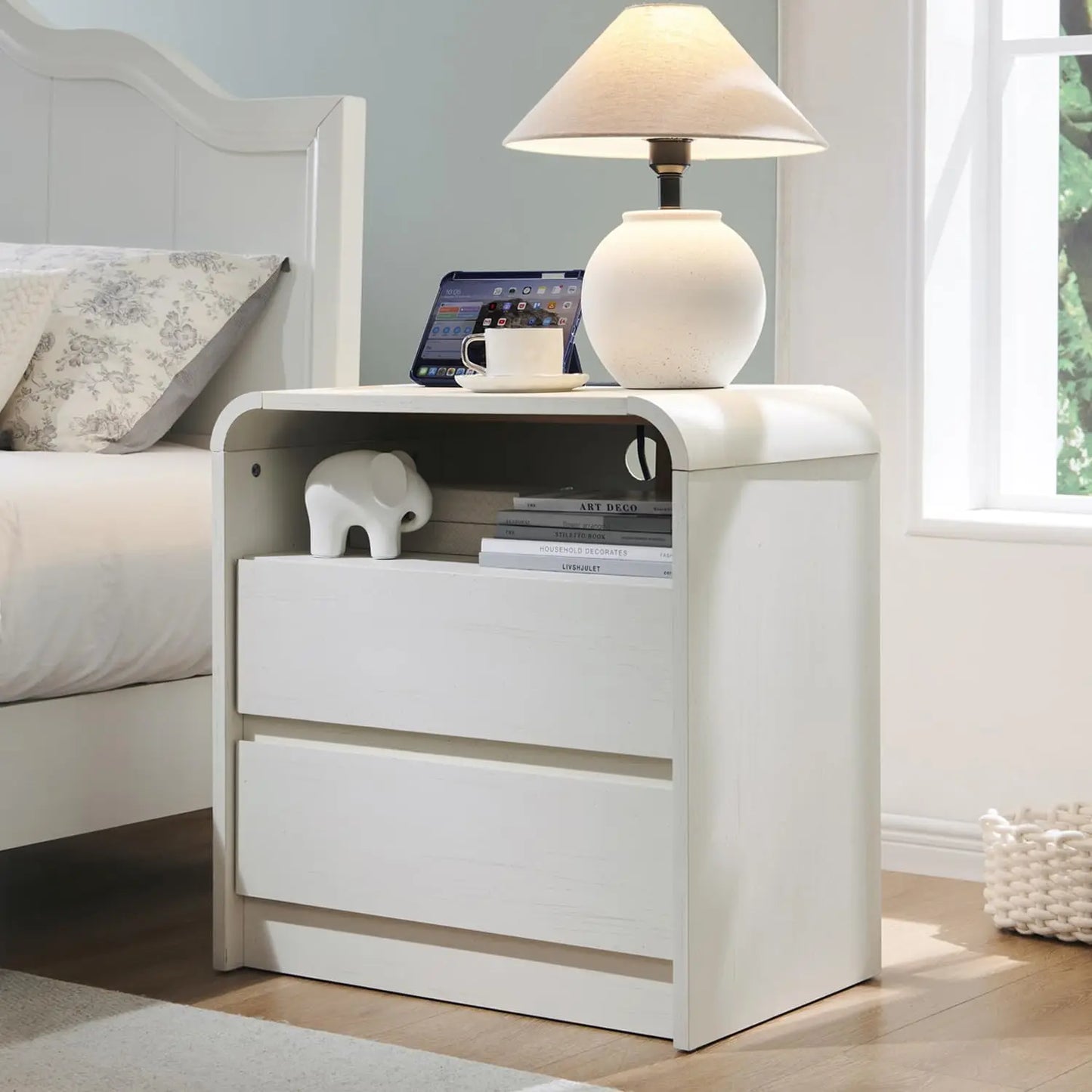GYROOR Modern Nightstand With Charging Station And Two Drawers