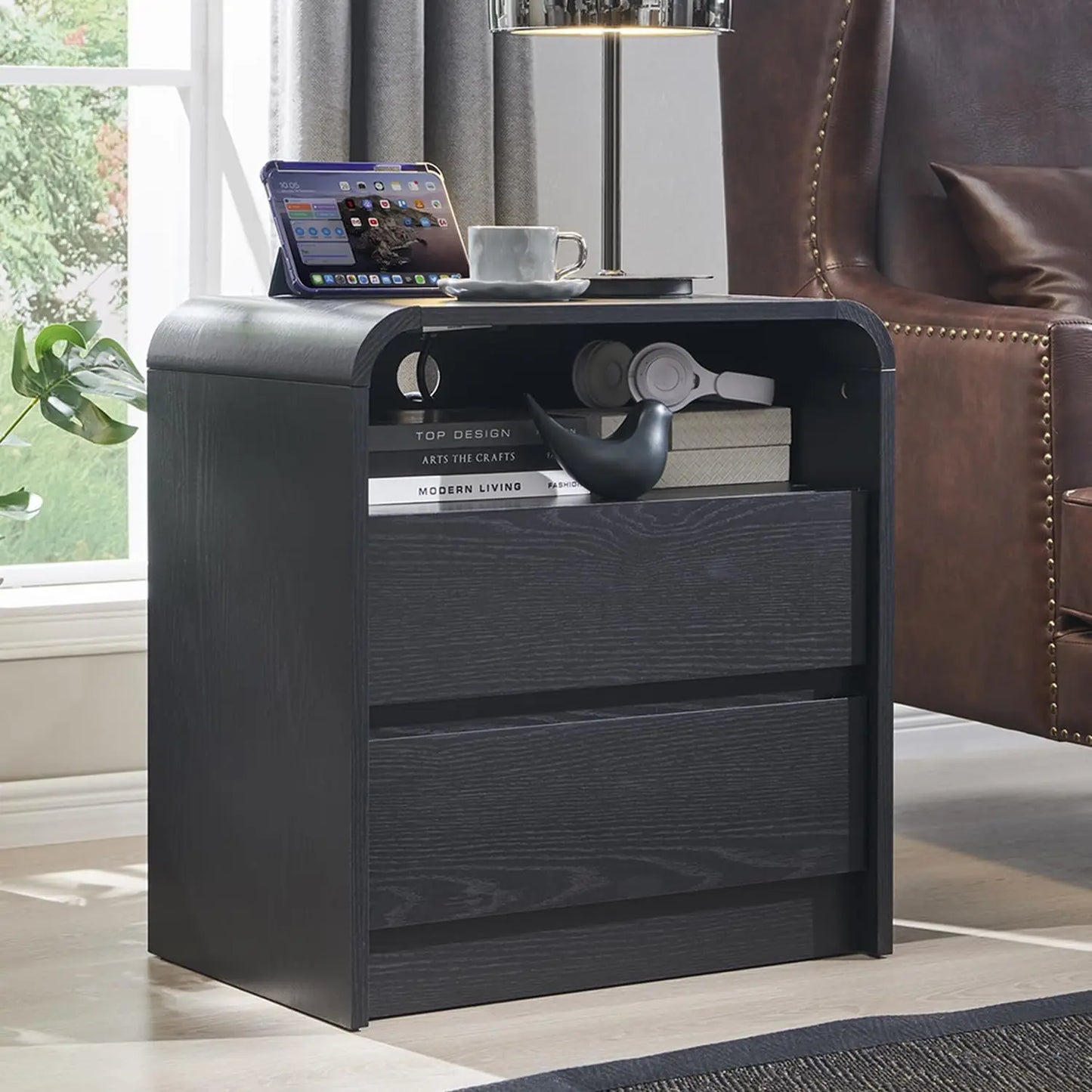 GYROOR Modern Nightstand With Charging Station And Two Drawers