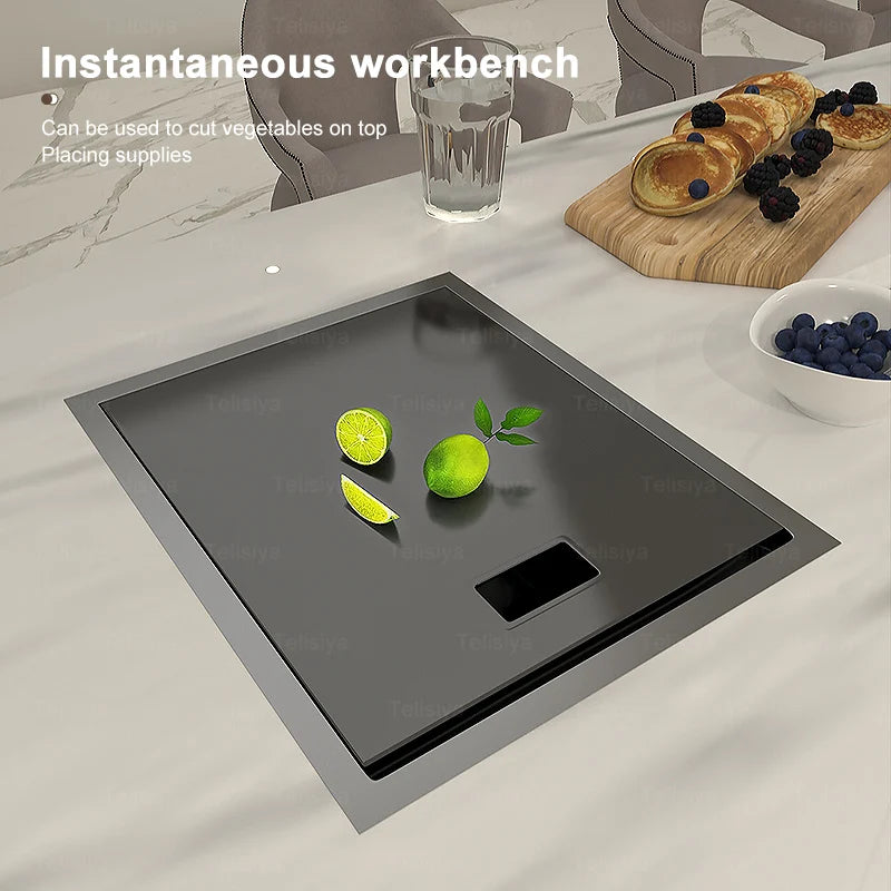 TELISIYA Space Saving Stainless Steel Hidden Kitchen Sink With Lid