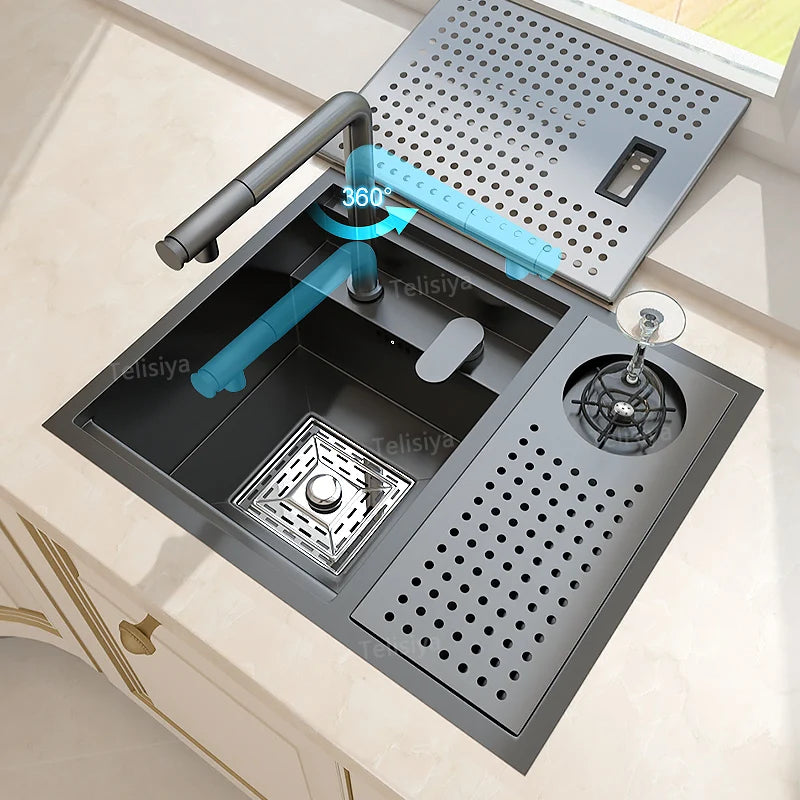TELISIYA Space Saving Stainless Steel Hidden Kitchen Sink With Lid