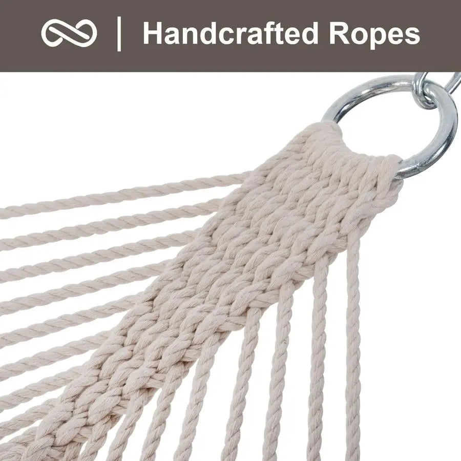 Traditional Rope Double Hammock With Hardwood Spreader Bar And Bag