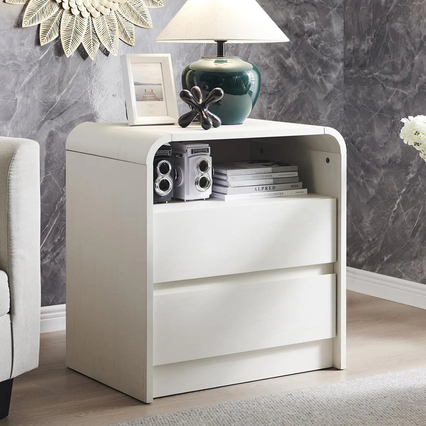 GYROOR Modern Nightstand With Charging Station And Two Drawers