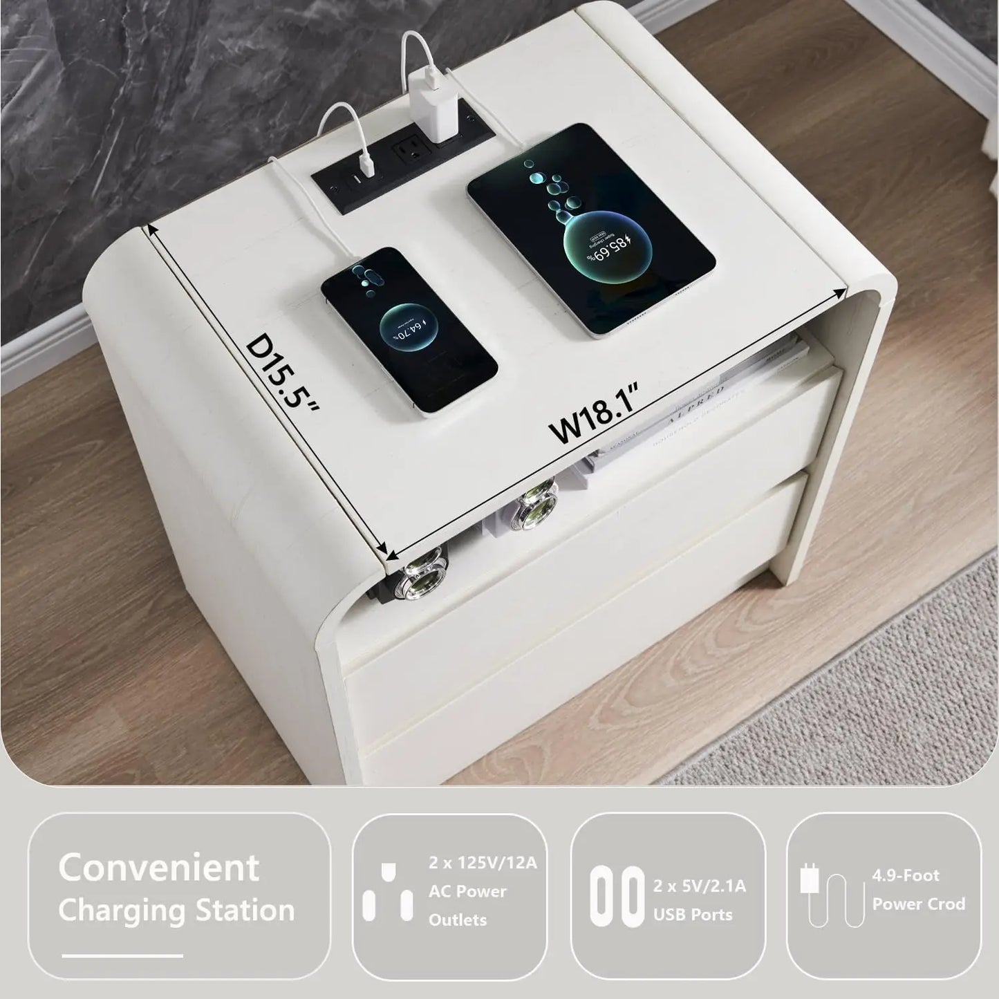 GYROOR Modern Nightstand With Charging Station And Two Drawers