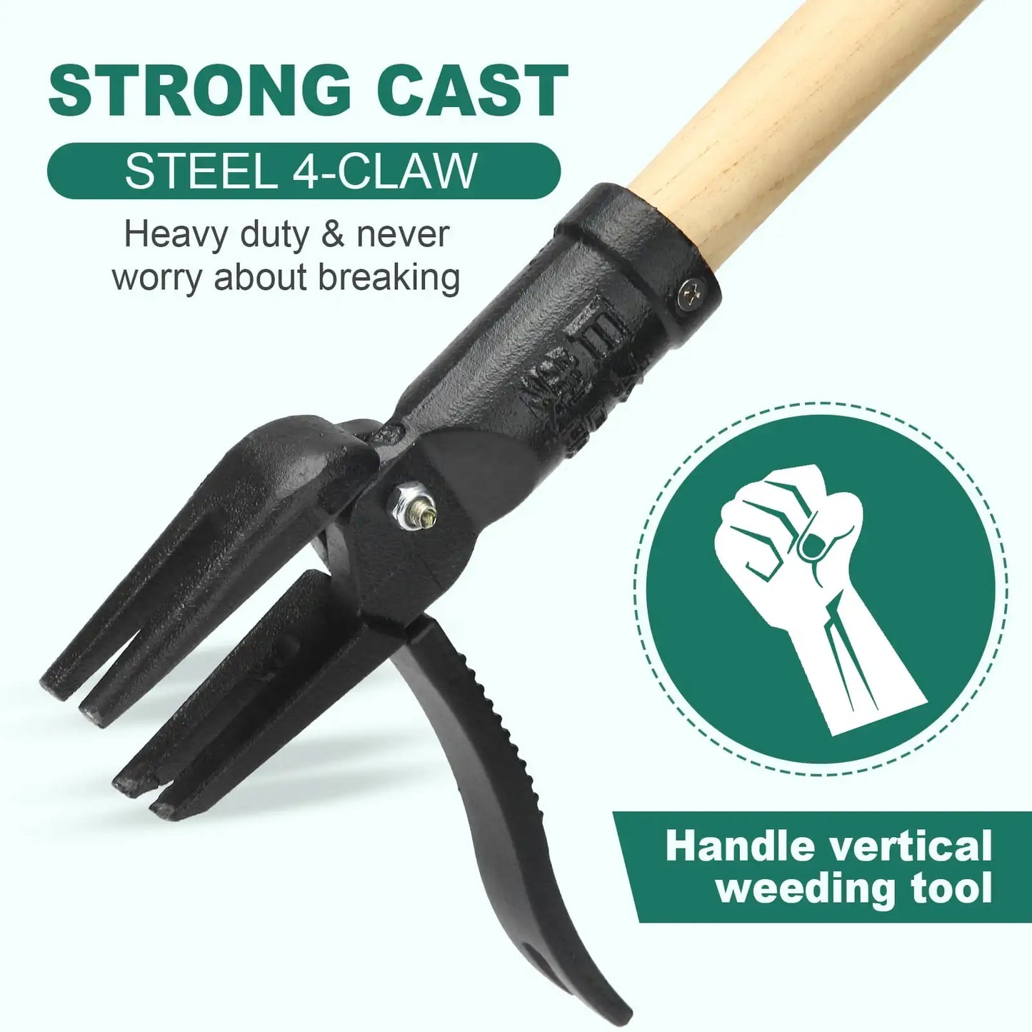 Stand Up Weed Puller With Long Wood Handle 4-Claw Head