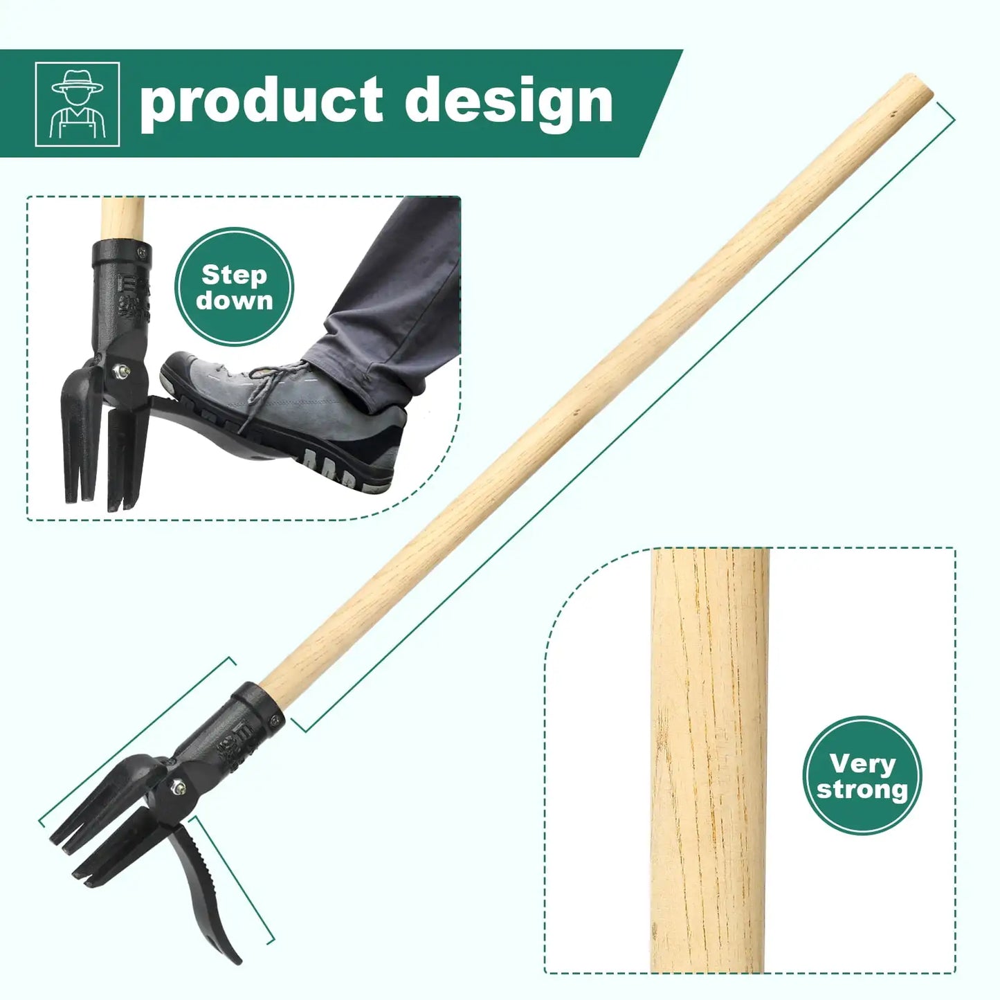 Stand Up Weed Puller With Long Wood Handle 4-Claw Head