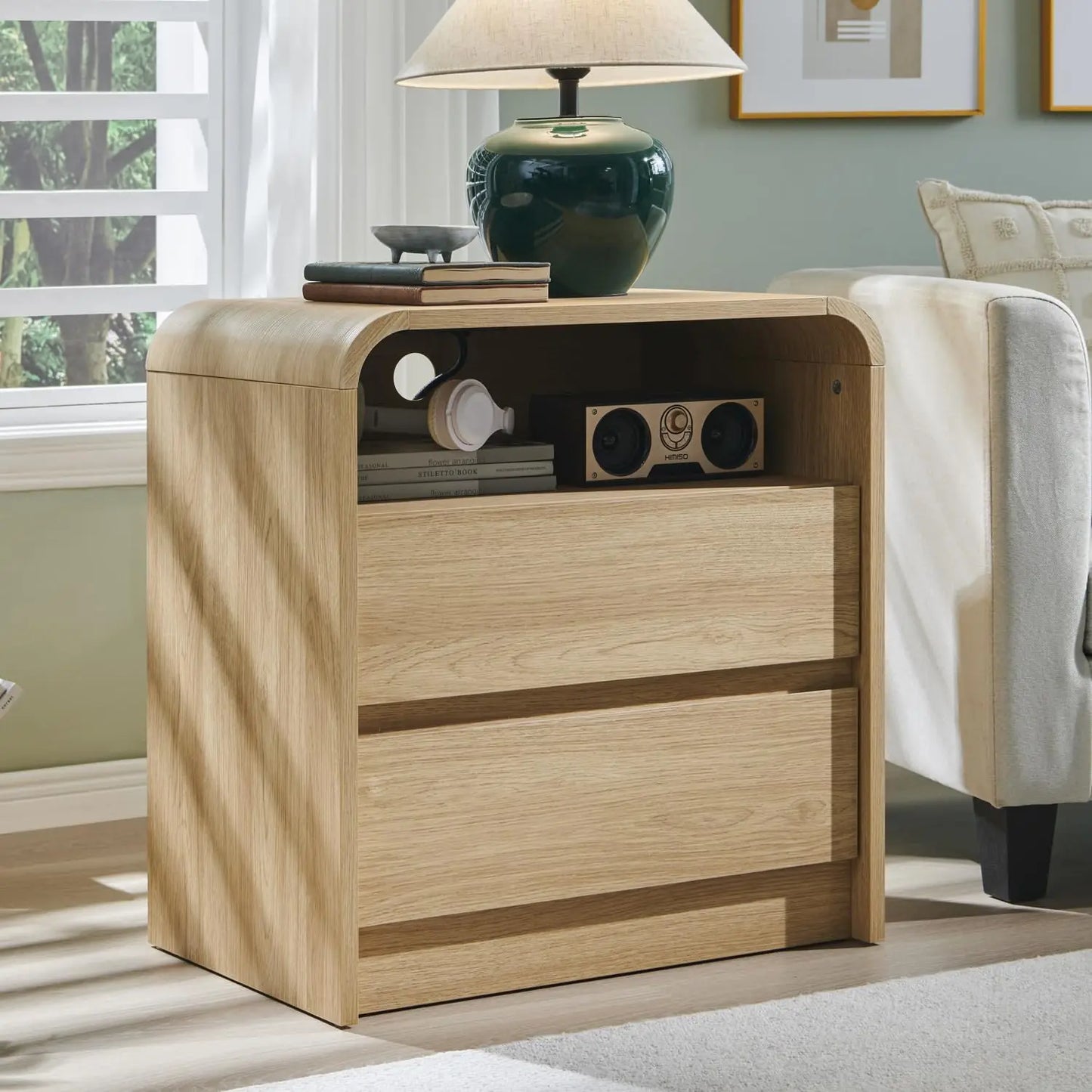 GYROOR Modern Nightstand With Charging Station And Two Drawers