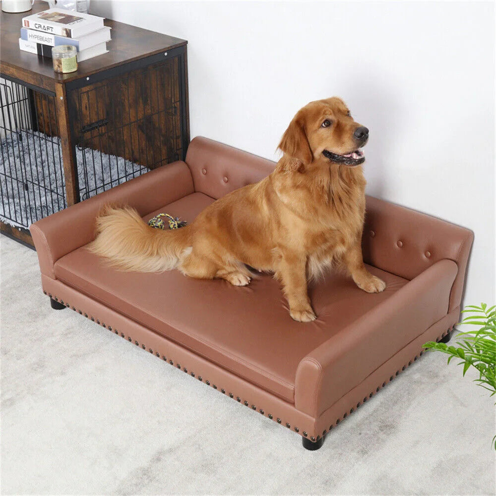 BORWARTCN Elevated PU Leather Dog Bed Waterproof With Removable Cushion