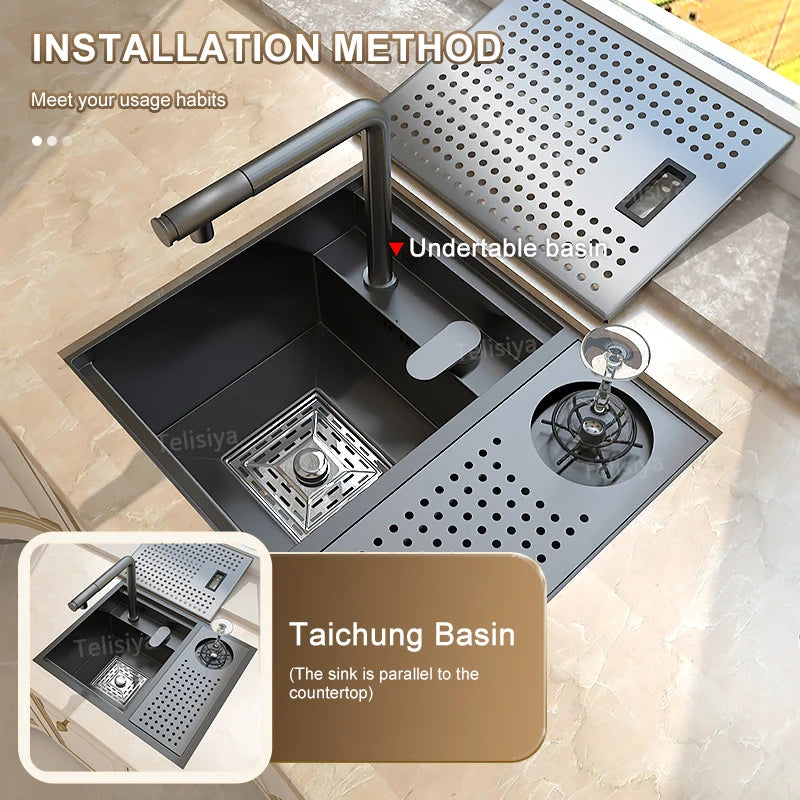 TELISIYA Space Saving Stainless Steel Hidden Kitchen Sink With Lid