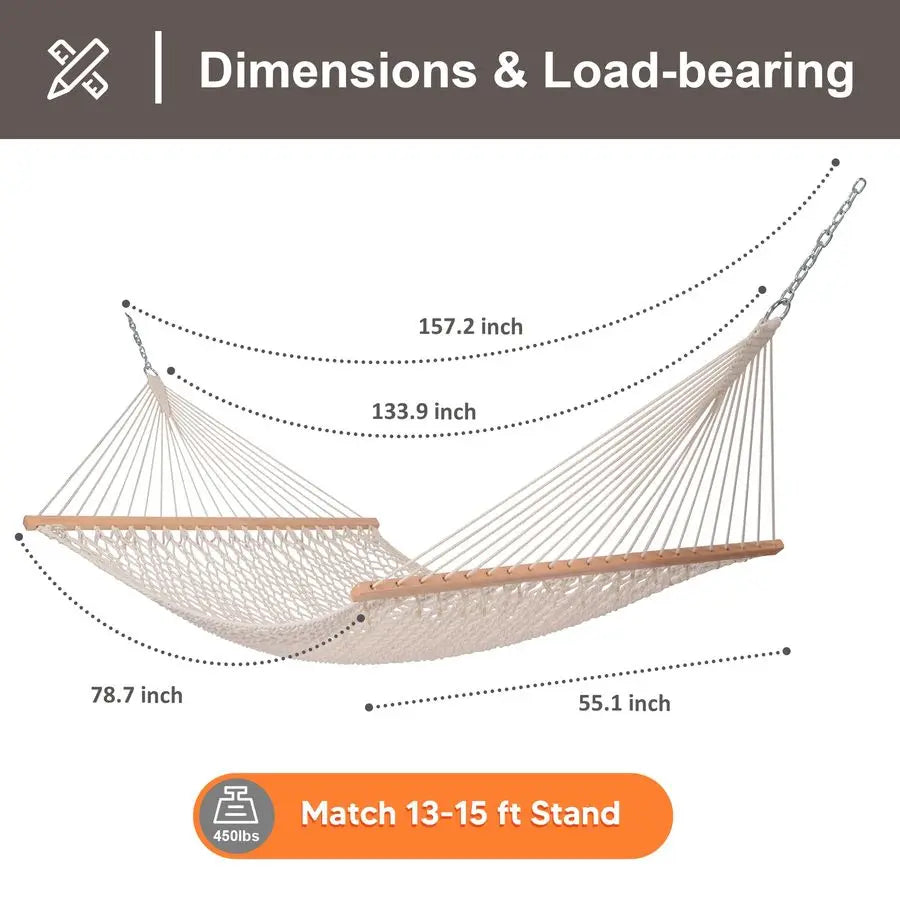 Traditional Rope Double Hammock With Hardwood Spreader Bar And Bag
