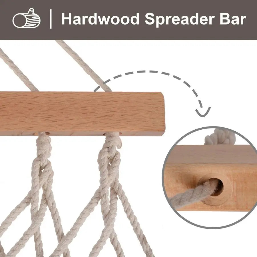 Traditional Rope Double Hammock With Hardwood Spreader Bar And Bag