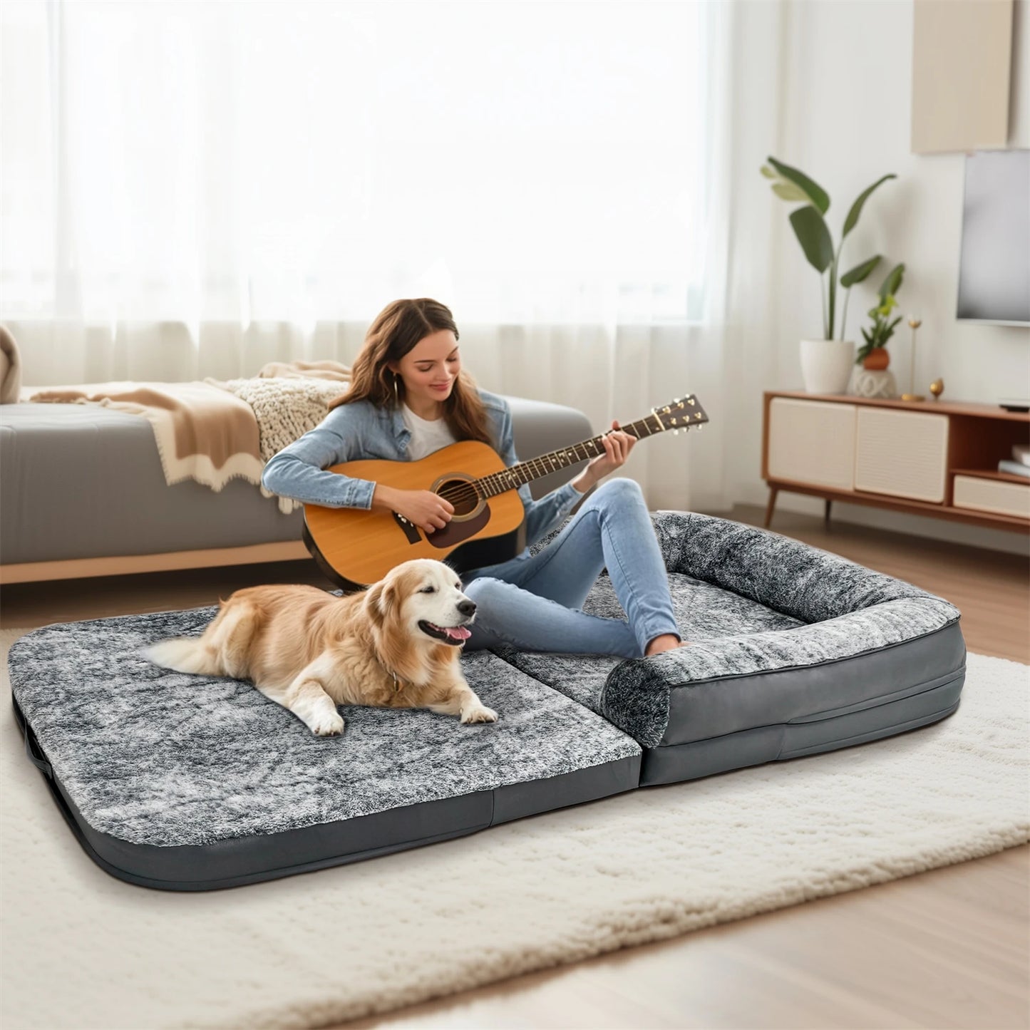 BINGOPAWCN Orthopedic Plush Dog Bed Calming Foldable Nap