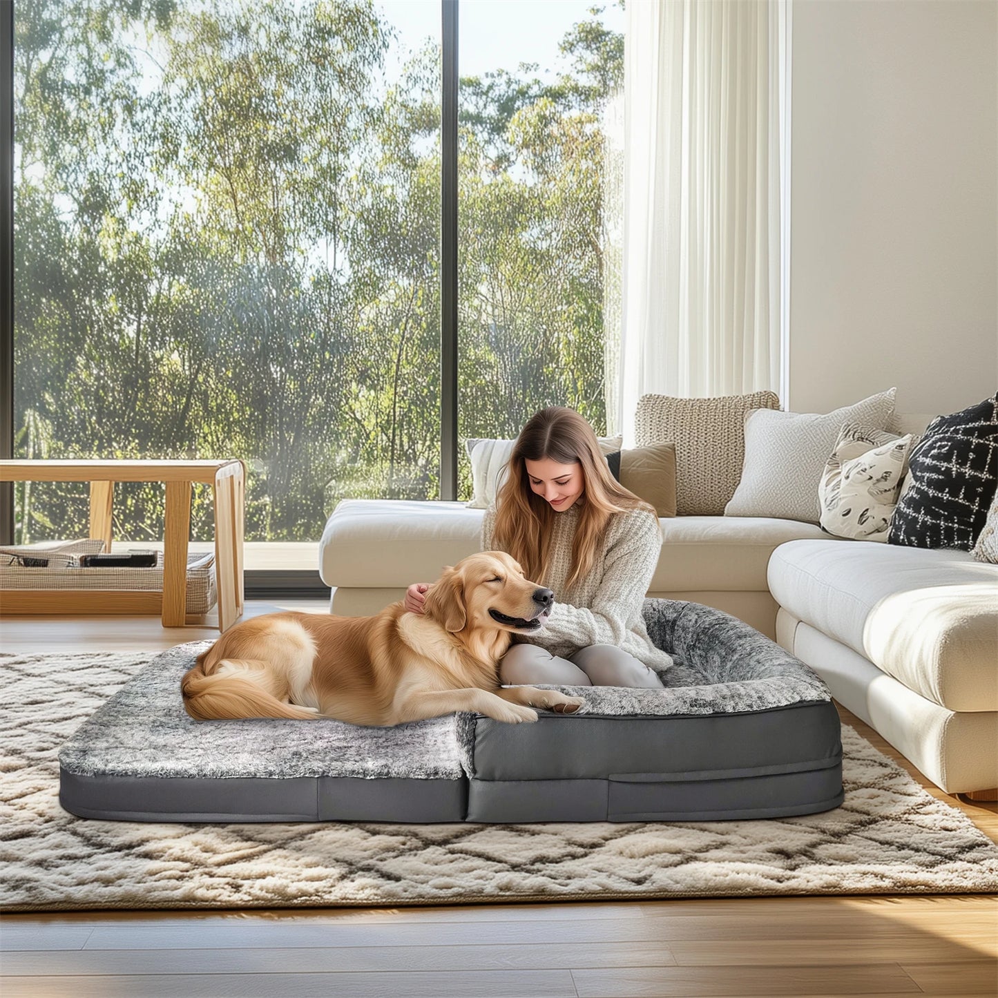BINGOPAWCN Orthopedic Plush Dog Bed Calming Foldable Nap