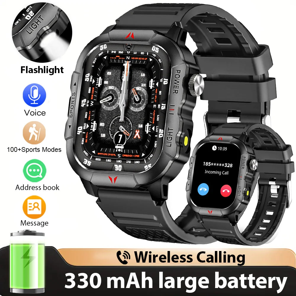 LAXASFIT Men Smart Watch IP68 Waterproof LED Flashlight Bluetooth