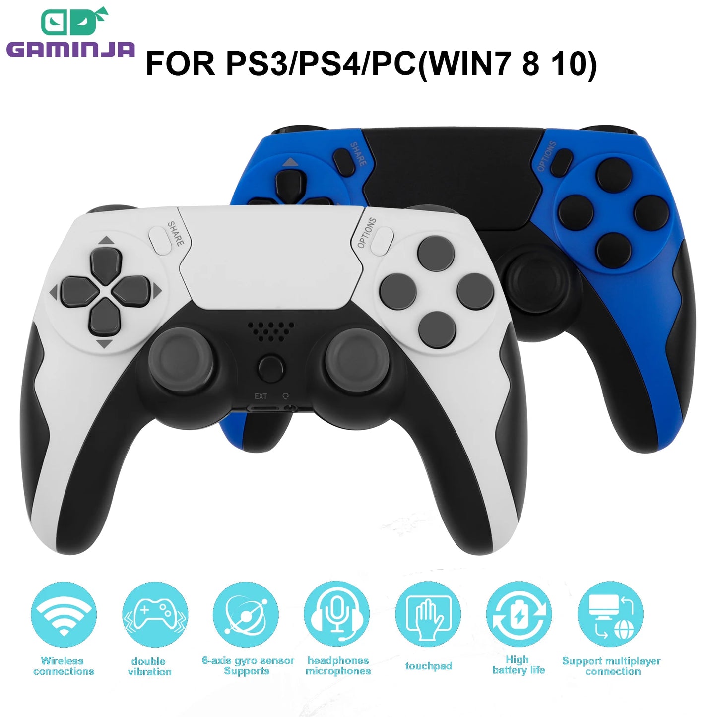 GAMINJA Wireless Controller Dual Vibration Gamepad for PS4 PS3 PC
