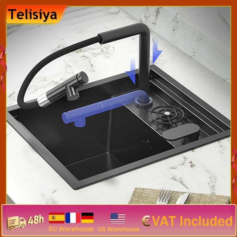 TELISIYA Space Saving Stainless Steel Hidden Kitchen Sink With Lid