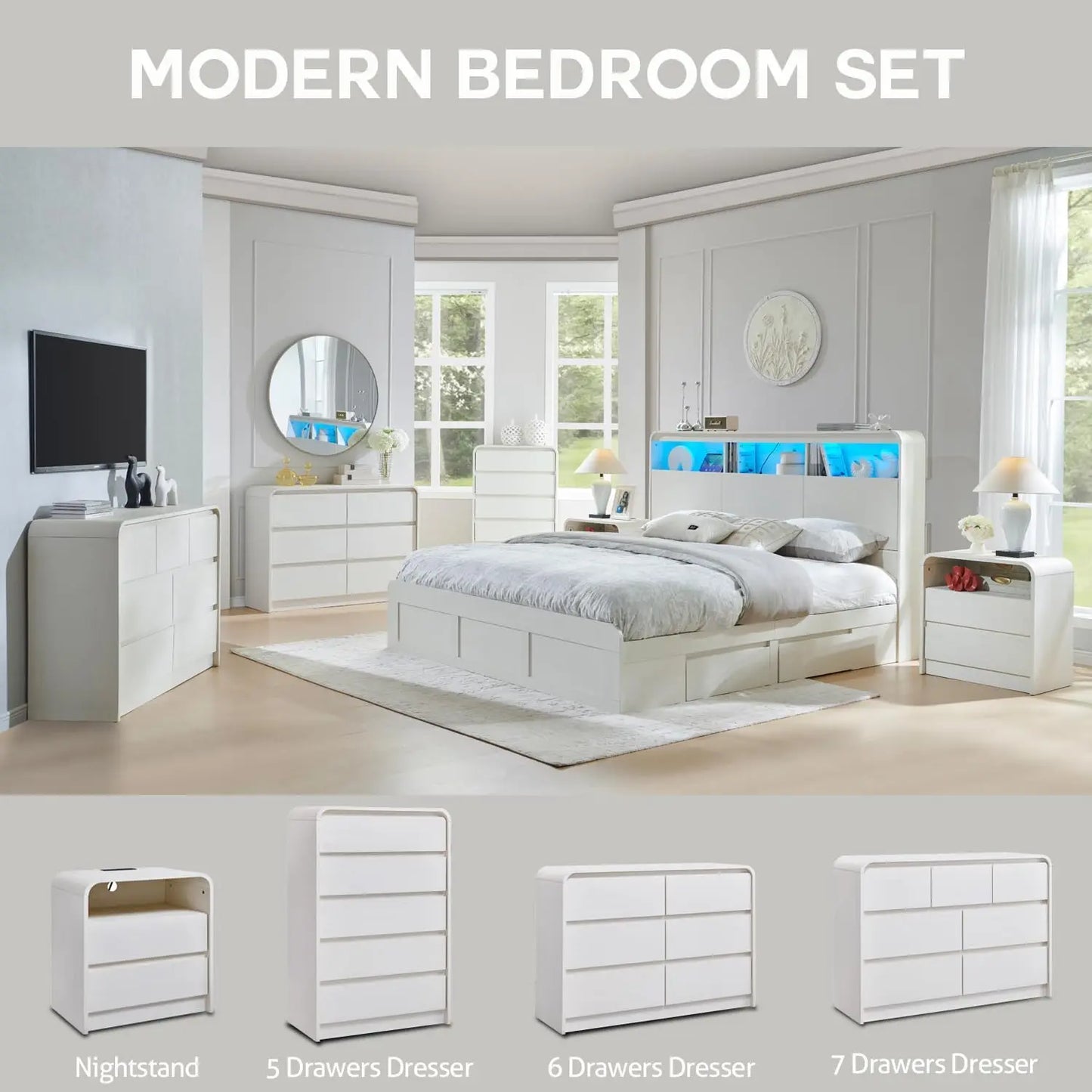 GYROOR Modern Nightstand With Charging Station And Two Drawers